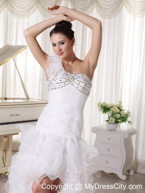 One Shoulder High Slit Ruffles Court Train Bridal Gown with Flowers and Beading