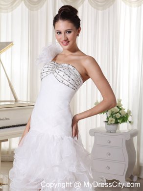 One Shoulder High Slit Ruffles Court Train Bridal Gown with Flowers and Beading