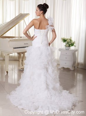 One Shoulder High Slit Ruffles Court Train Bridal Gown with Flowers and Beading