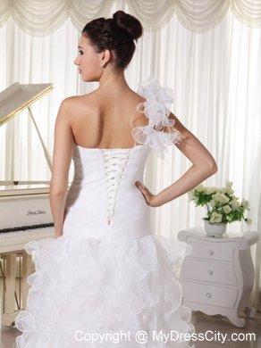 One Shoulder High Slit Ruffles Court Train Bridal Gown with Flowers and Beading