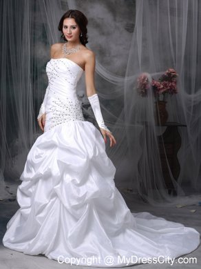 Mermaid Brush Train Taffeta Appliques Wedding Dress with Pick-ups