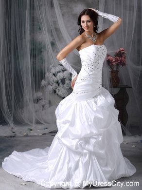 Mermaid Brush Train Taffeta Appliques Wedding Dress with Pick-ups