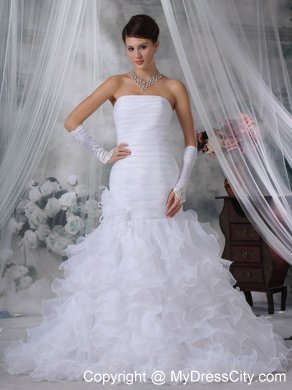 Mermaid Court Train Organza Handle Flowers Wedding Dress with Tiers