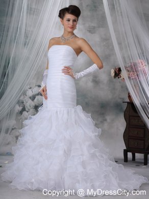 Mermaid Court Train Organza Handle Flowers Wedding Dress with Tiers