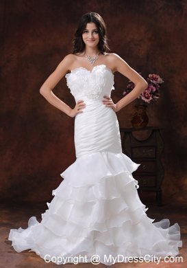 White Mermaid Organza Brush Train Wedding Dress With Ruffled Layers