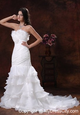 White Mermaid Organza Brush Train Wedding Dress With Ruffled Layers