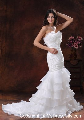 White Mermaid Organza Brush Train Wedding Dress With Ruffled Layers