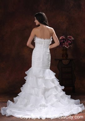 White Mermaid Organza Brush Train Wedding Dress With Ruffled Layers