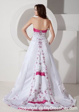 Elegant Hot Pink Hem Brush Train Satin Wedding Dress with Embroidery