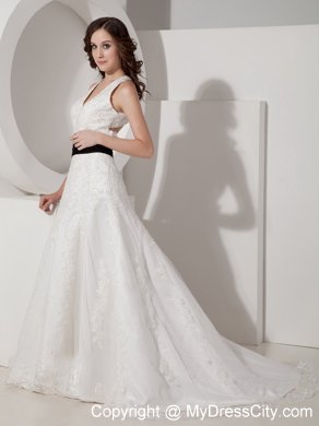 White Halter Court Train Satin and Lace Appliques Bridal Gown with Black Belt