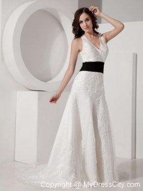 White Halter Court Train Satin and Lace Appliques Bridal Gown with Black Belt