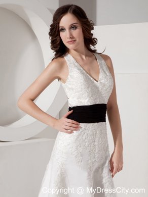 White Halter Court Train Satin and Lace Appliques Bridal Gown with Black Belt