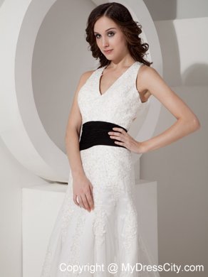 White Halter Court Train Satin and Lace Appliques Bridal Gown with Black Belt