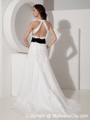 White Halter Court Train Satin and Lace Appliques Bridal Gown with Black Belt