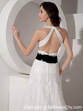 White Halter Court Train Satin and Lace Appliques Bridal Gown with Black Belt