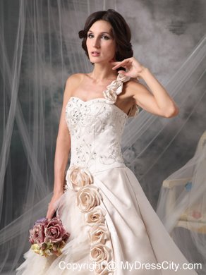 Champagne One Shoulder Chapel Train Bridal Gown with Flowers and Embroidery