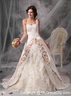 Champagne One Shoulder Chapel Train Bridal Gown with Flowers and Embroidery