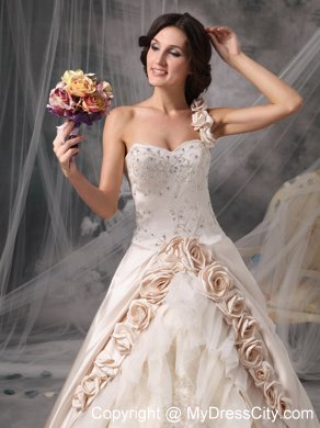 Champagne One Shoulder Chapel Train Bridal Gown with Flowers and Embroidery