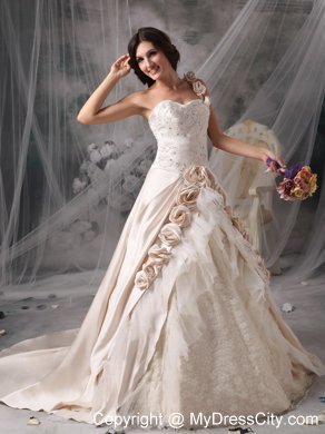 Champagne One Shoulder Chapel Train Bridal Gown with Flowers and Embroidery