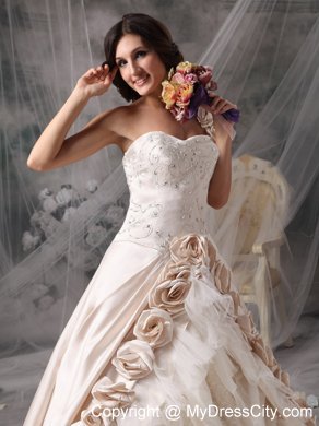 Champagne One Shoulder Chapel Train Bridal Gown with Flowers and Embroidery