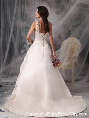 Champagne One Shoulder Chapel Train Bridal Gown with Flowers and Embroidery