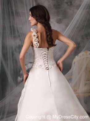 Champagne One Shoulder Chapel Train Bridal Gown with Flowers and Embroidery