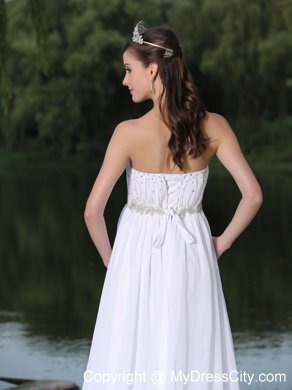 White Sweep Train Empire Chiffon Ruching Bridal Gowns with Beading