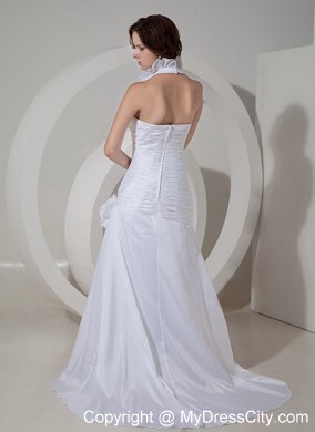 Halter Hand Made Flowers Ruched Court Train Bridal Dresses