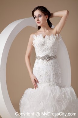 Ruffled Court Train Bridal Dress with Appliques Feather and Beaded Sash