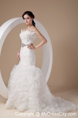 Ruffled Court Train Bridal Dress with Appliques Feather and Beaded Sash