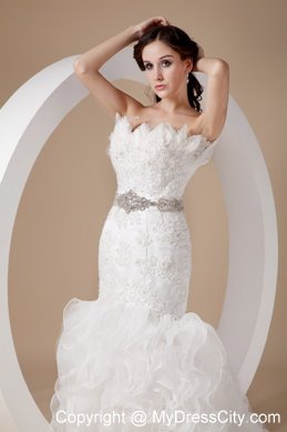 Ruffled Court Train Bridal Dress with Appliques Feather and Beaded Sash