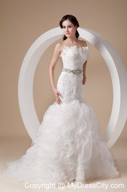 Ruffled Court Train Bridal Dress with Appliques Feather and Beaded Sash