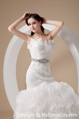 Ruffled Court Train Bridal Dress with Appliques Feather and Beaded Sash