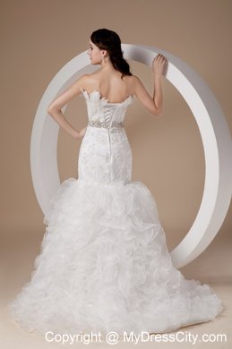 Ruffled Court Train Bridal Dress with Appliques Feather and Beaded Sash