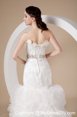 Ruffled Court Train Bridal Dress with Appliques Feather and Beaded Sash