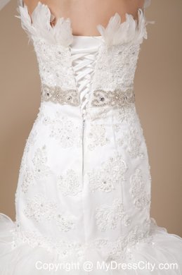 Ruffled Court Train Bridal Dress with Appliques Feather and Beaded Sash