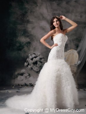 Sweetheart Mermaid Beading Wedding Gown with Feather Brush Train