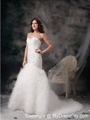 Sweetheart Mermaid Beading Wedding Gown with Feather Brush Train