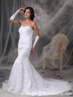 Trumpet Sweetheart Beading Lace Flower Court Train Bridal Gown