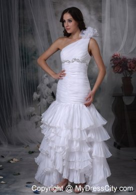 Ruching Hand Made Flower One Shoulder Layers Wedding Dress with Beadings