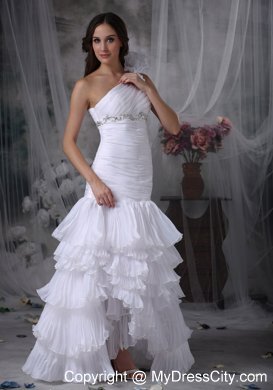 Ruching Hand Made Flower One Shoulder Layers Wedding Dress with Beadings