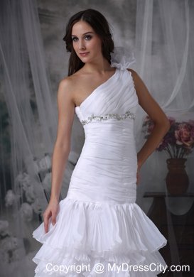 Ruching Hand Made Flower One Shoulder Layers Wedding Dress with Beadings