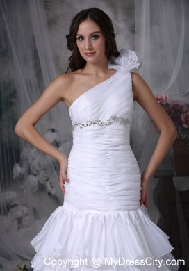 Ruching Hand Made Flower One Shoulder Layers Wedding Dress with Beadings