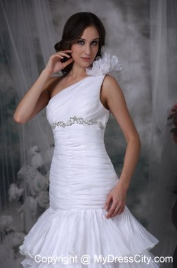 Ruching Hand Made Flower One Shoulder Layers Wedding Dress with Beadings