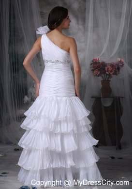 Ruching Hand Made Flower One Shoulder Layers Wedding Dress with Beadings