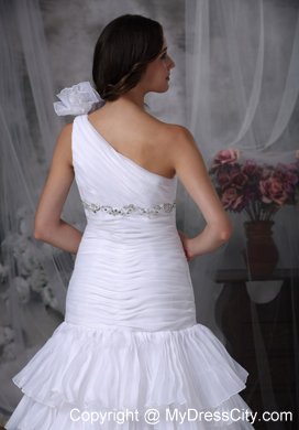 Ruching Hand Made Flower One Shoulder Layers Wedding Dress with Beadings