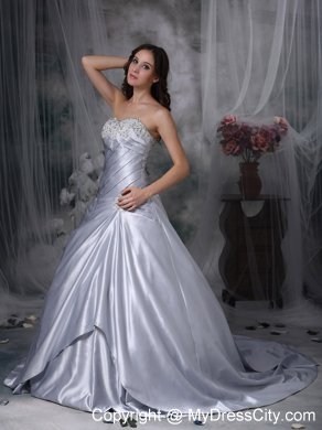 Silver Ruche and Beading Sweetheart Court Train Bridal Gown