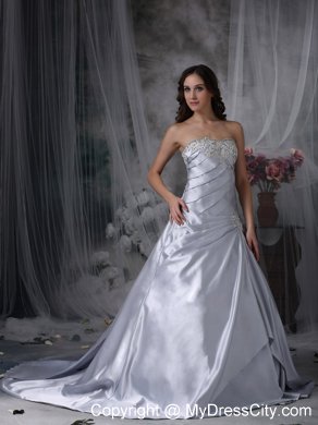 Silver Ruche and Beading Sweetheart Court Train Bridal Gown