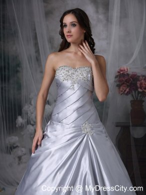 Silver Ruche and Beading Sweetheart Court Train Bridal Gown