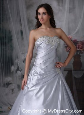 Silver Ruche and Beading Sweetheart Court Train Bridal Gown